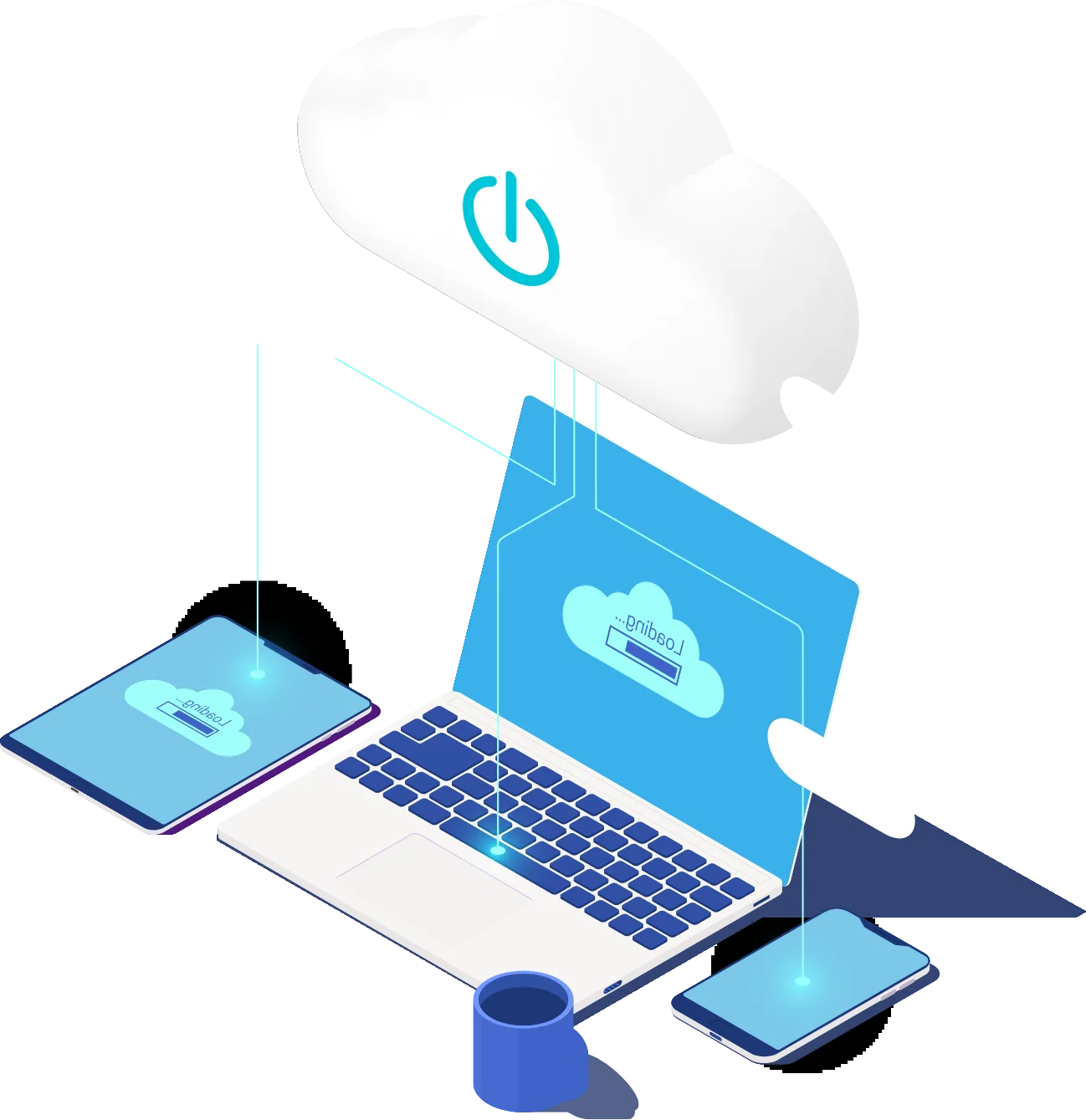 Illustration of cloud computing connected to a laptop, tablet and phone